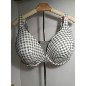 Cacique 42H Full Coverage Underwire Bra Grey White Gingham Lace Trim 1082928